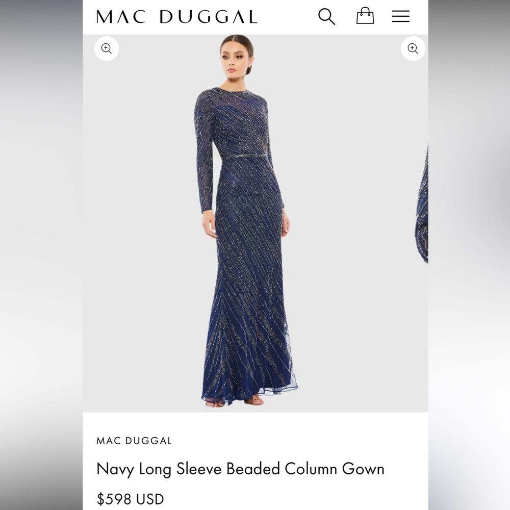Mac Duggal Navy Blue Long Sleeve Beaded Column Gown - PETITE 8